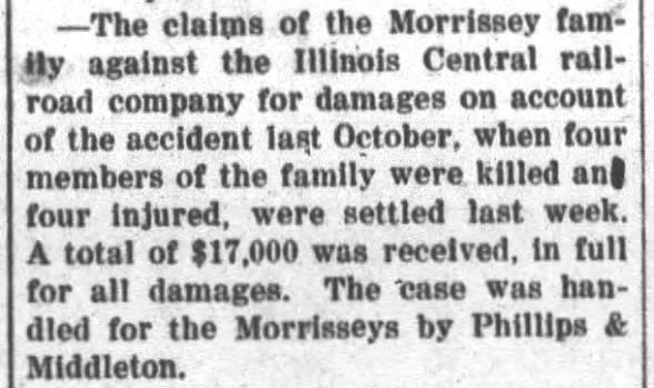 Morrissey Family Claim for Damages Against RR settled GC Courier 07 Oct 1920